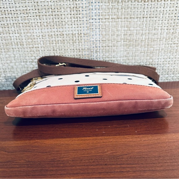 🌟2xHP🌟VTG 1990s Fossil Tan & Navy Passport Style Polka Dot Canvas Crossbody - Picture 12 of 15